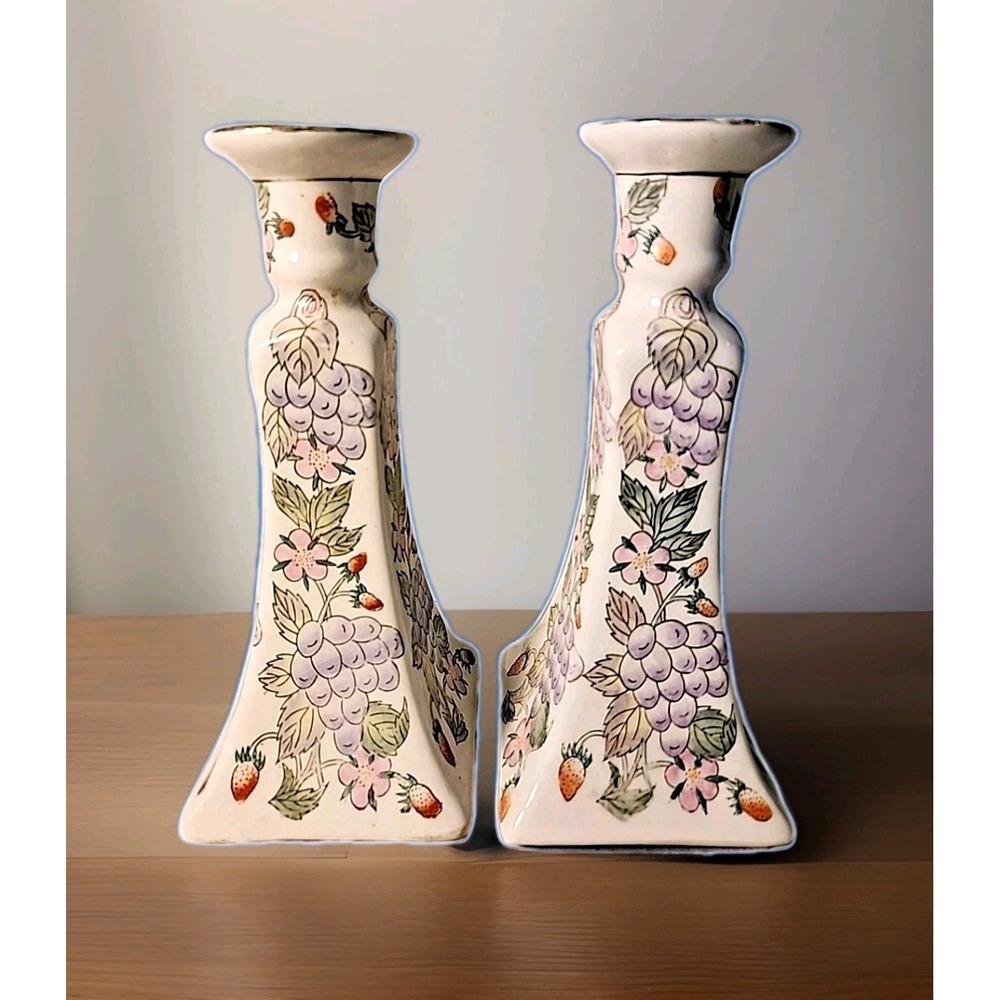 Vintage 2pc Ceramic Gold Leaf Candlestick Holders 1970s Fruit & Flowers Elegant